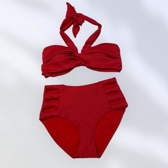HEAT Bikini Set NEW Halter Top High Waist Bottoms Red Size M - Picture 2 of 11